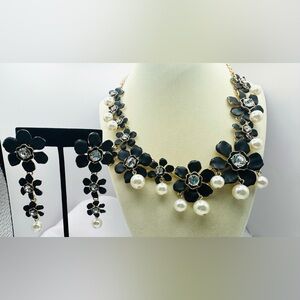 Natasha Couture Black and Gold Floral Necklace and Earring Set